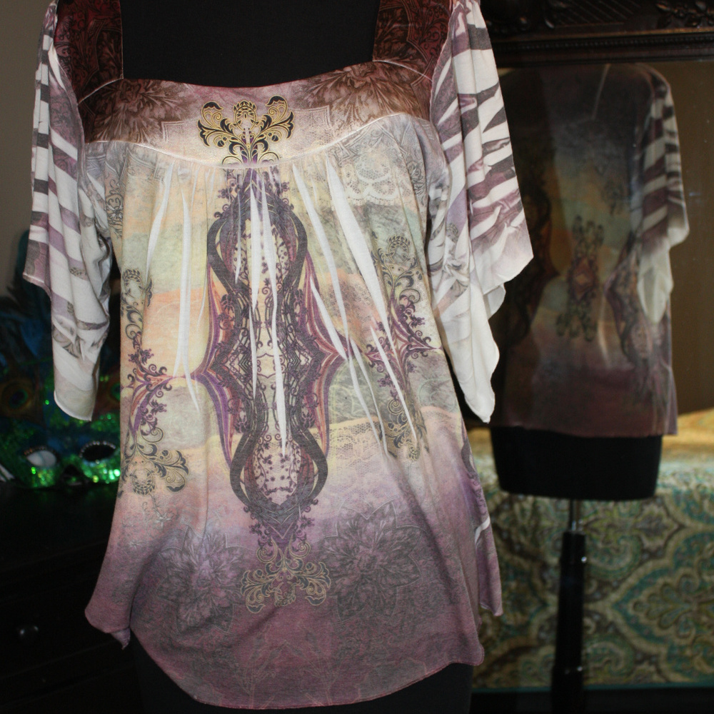 Satin trim_purple white blutter sleeve Blouse XL